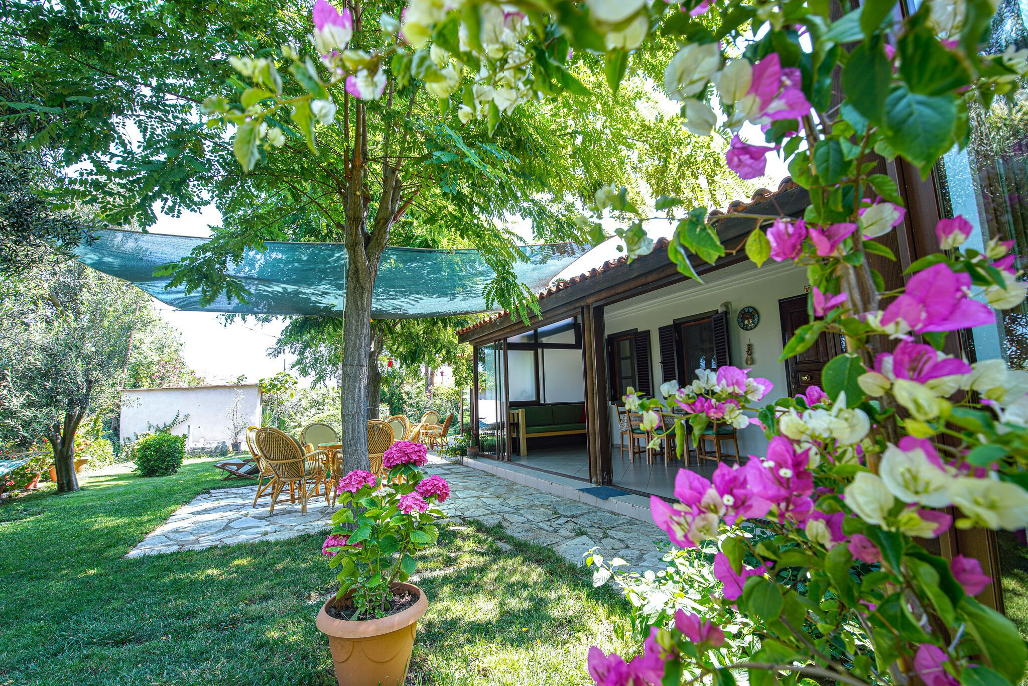 Un patio con mobiliario exterior, un sendero de piedra y una zona de estar cubierta.