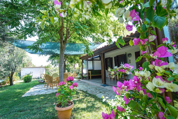 A patio area with outdoor furniture, a stone pathway, and a covered seating area.