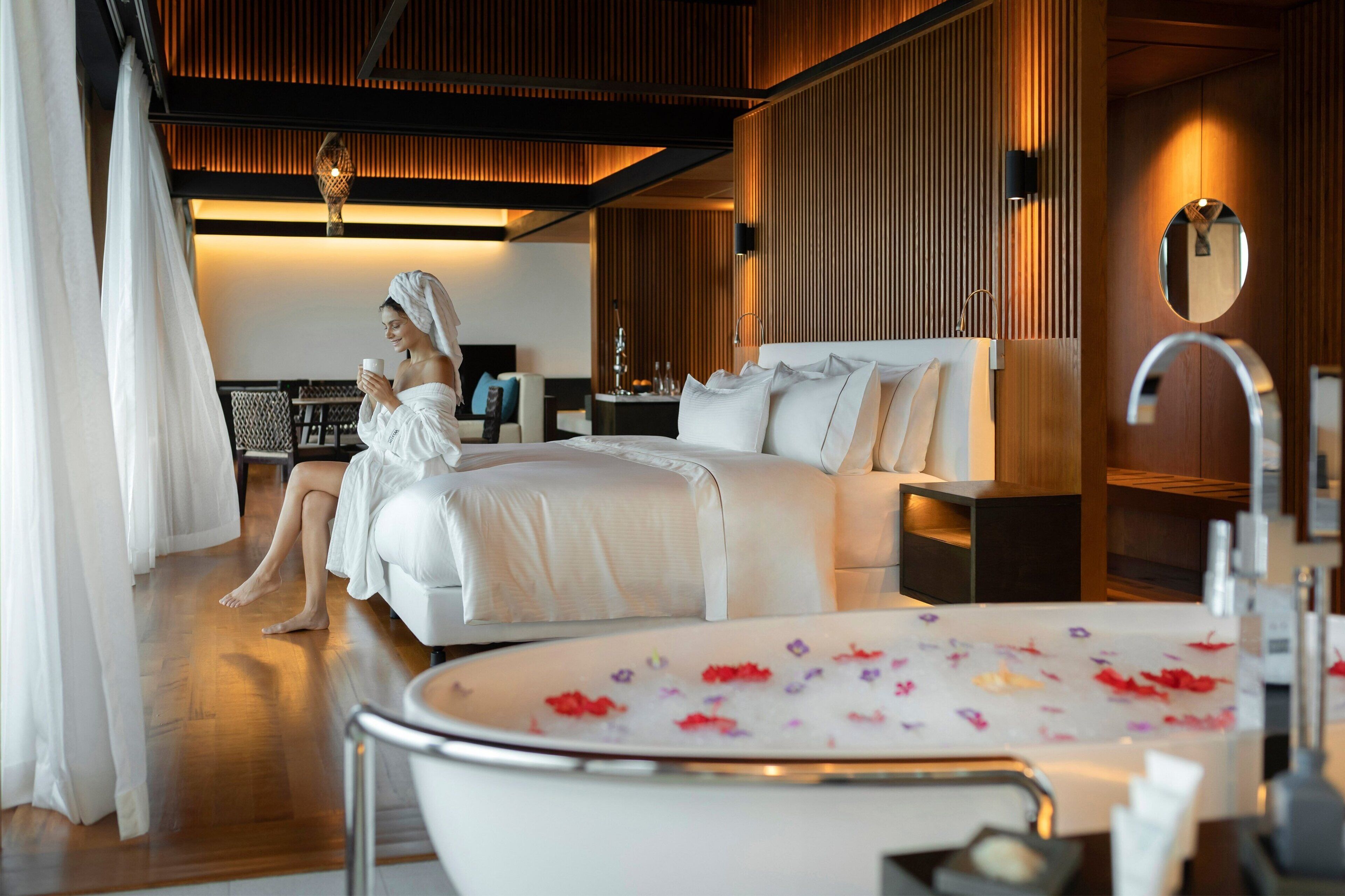 separate bathtub and shower, deep-soaking bathtub, rainfall showerhead