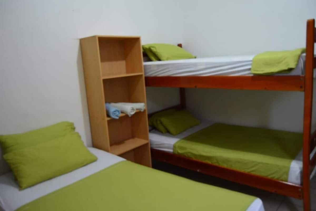 A bunk bed room with a wooden bookshelf and green bedding.
