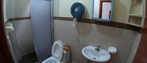 A bathroom with a toilet, bidet, sink, and a shower enclosure.