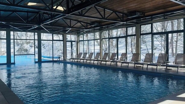 Une piscine intérieure avec de grandes baies vitrées, des chaises longues et une vue sur les arbres à l’extérieur.