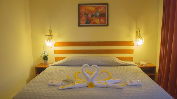 Una habitación de hotel con una cama, un cuadro en la pared y dos lámparas de noche.