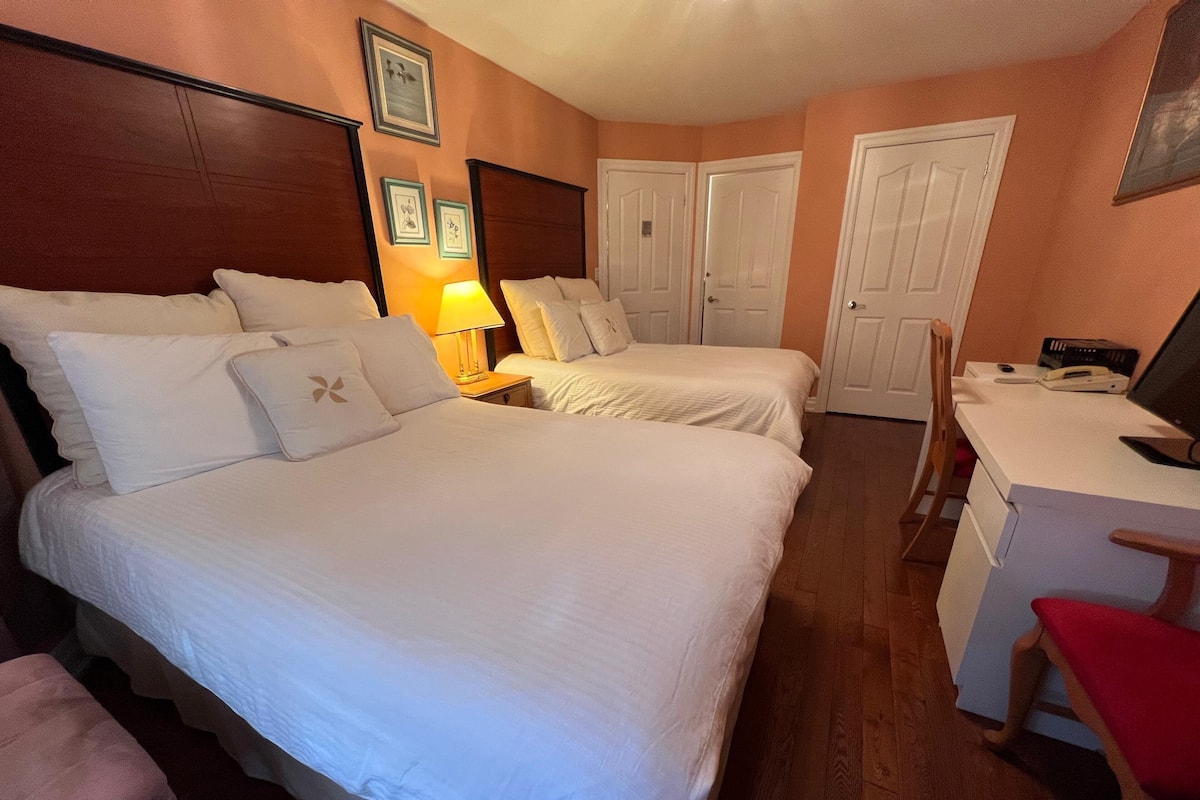 Habitación de hotel con dos camas, un escritorio, una silla y una lámpara.