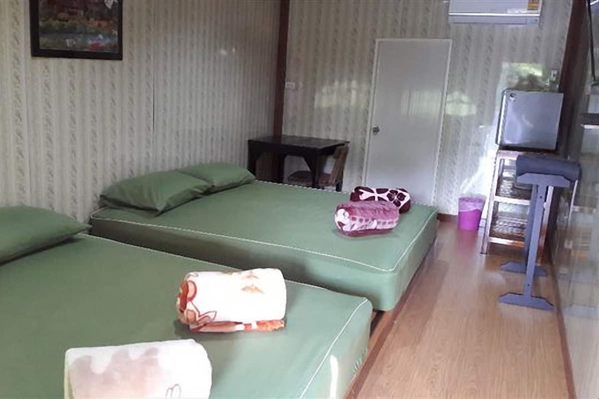 A room with two green beds, a small table, a door, and a television.