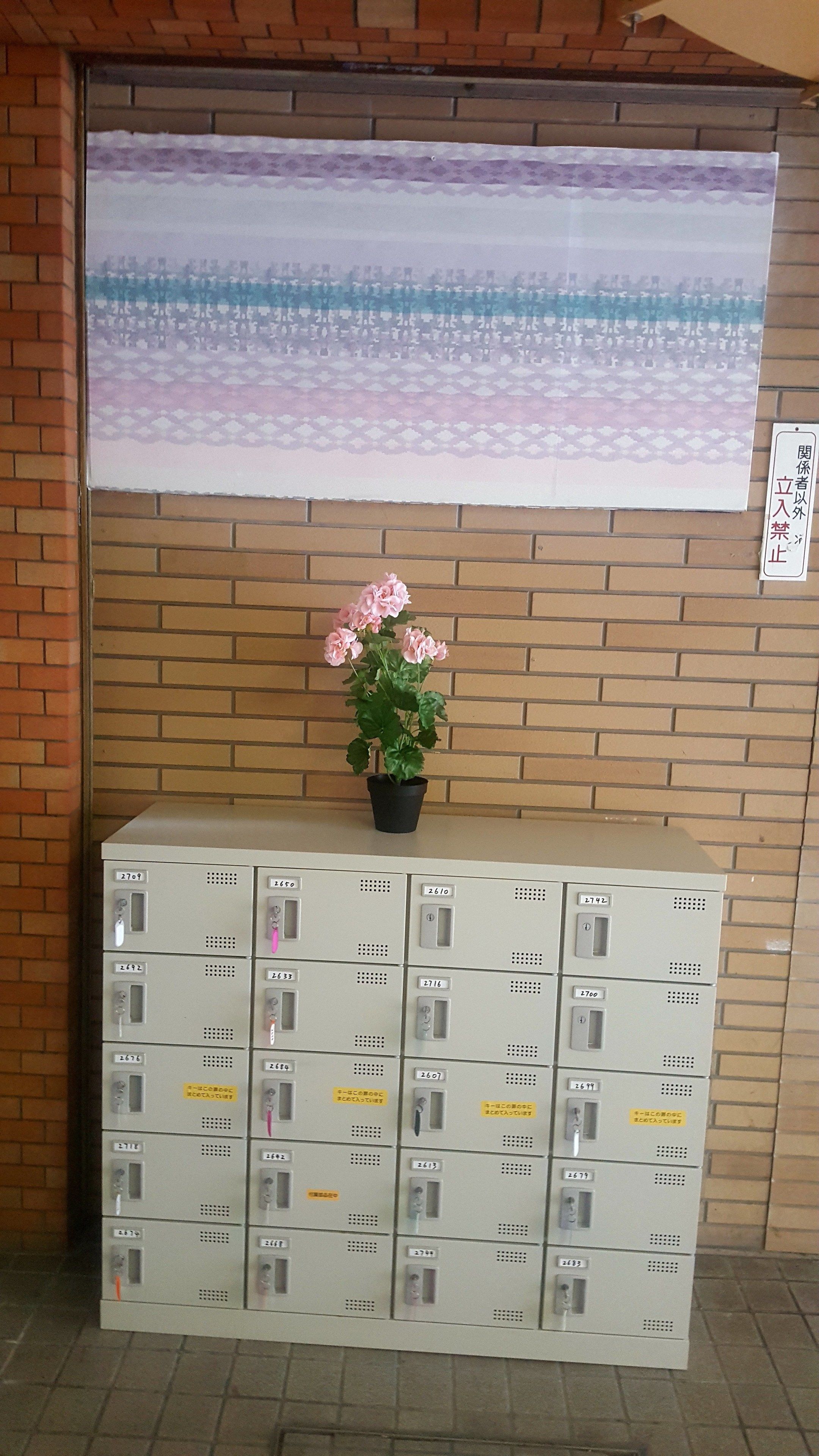 Eine Reihe von Metallschränken mit nummerierten Schildern, ein Topf mit rosa Blüten und eine projizierte Landschaft.