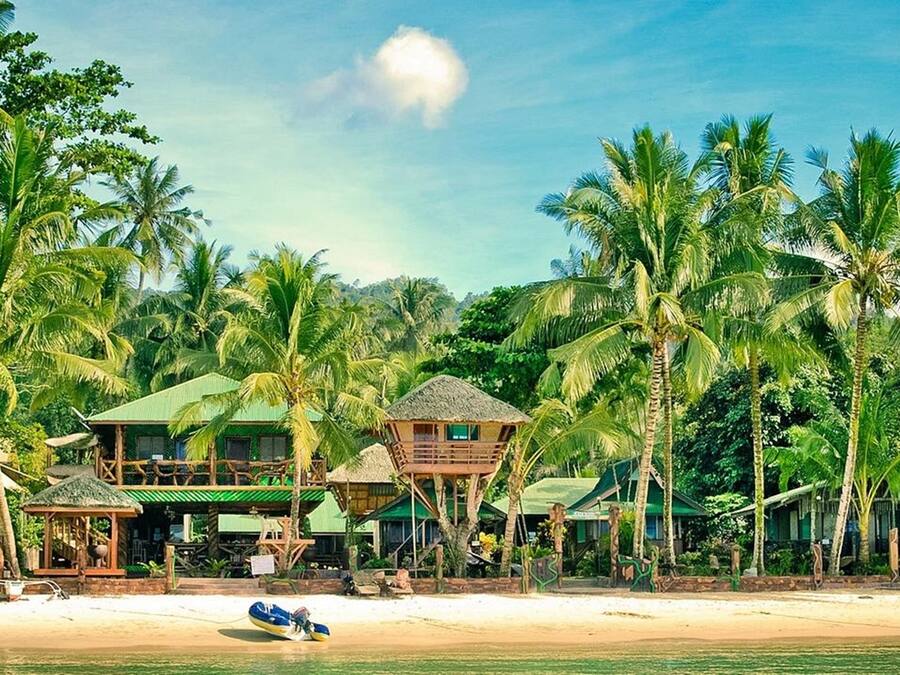 Une propriété située en bord de mer, comprenant plusieurs constructions en bois, dont une maison principale et plusieurs bâtiments plus petits, le tout entouré de palmiers.