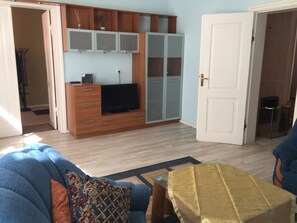 A living room with a sofa, a coffee table, a TV on a wooden cabinet, and a sliding door closet.