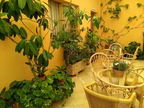 A yellow-walled room with wicker furniture and potted plants. - Hotel París (Lanjaron)
