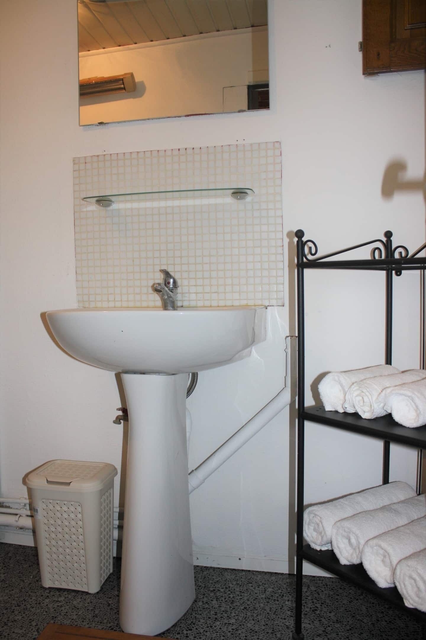 Een badkamer met een witte wastafel, een glazen plank erboven, een metalen handdoekhouder met handdoeken en een prullenbak.