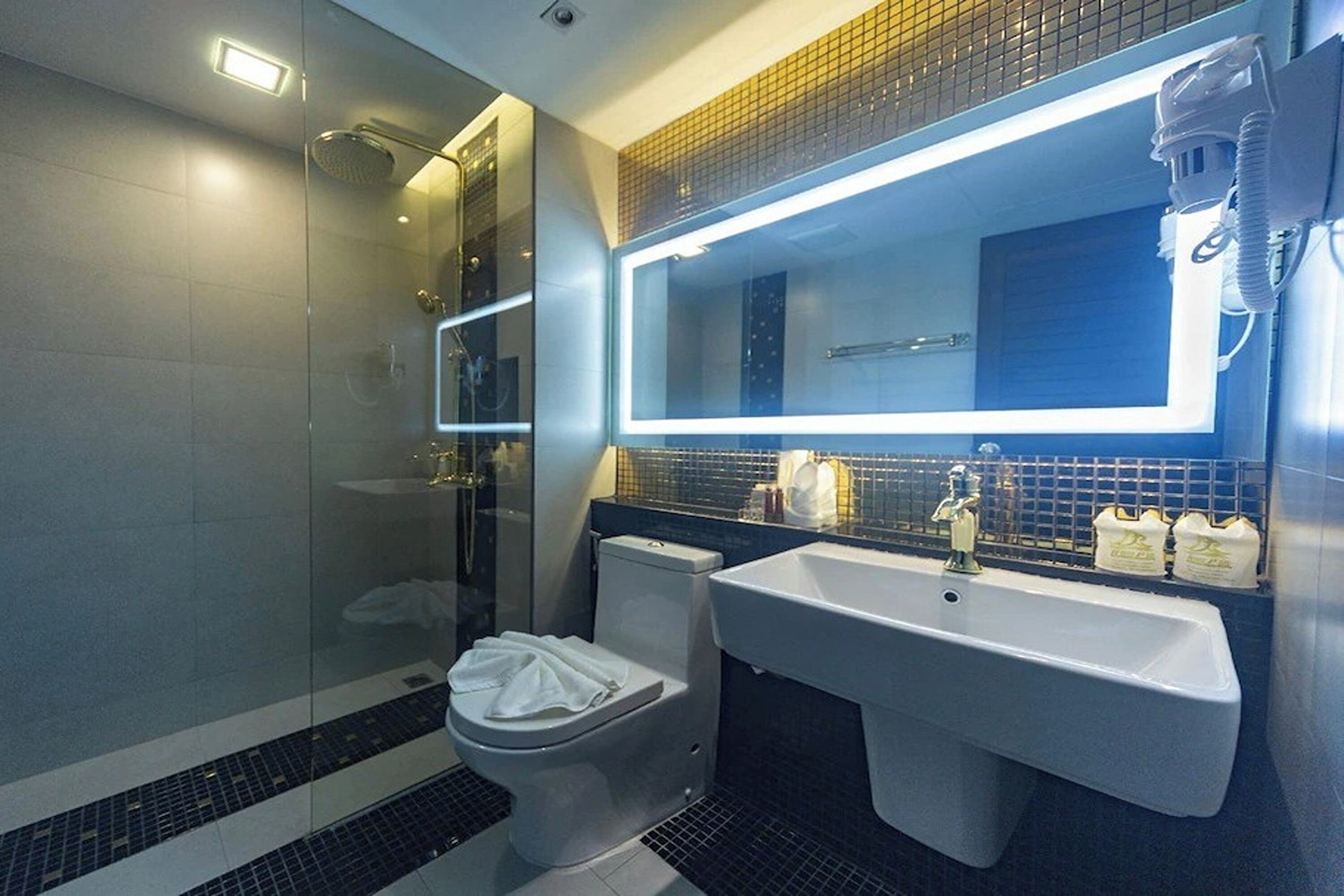 shower, rainfall showerhead, free toiletries, hair dryer