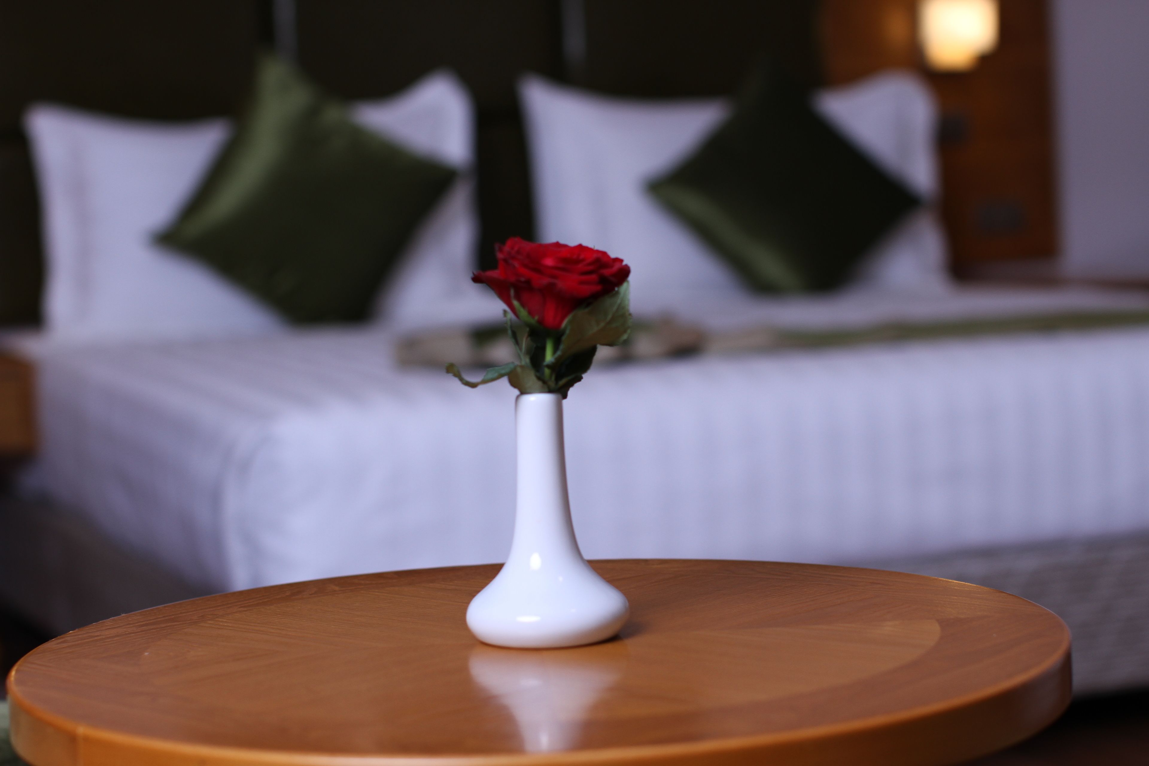 A single red rose in a white vase on a round wooden table in a hotel room.