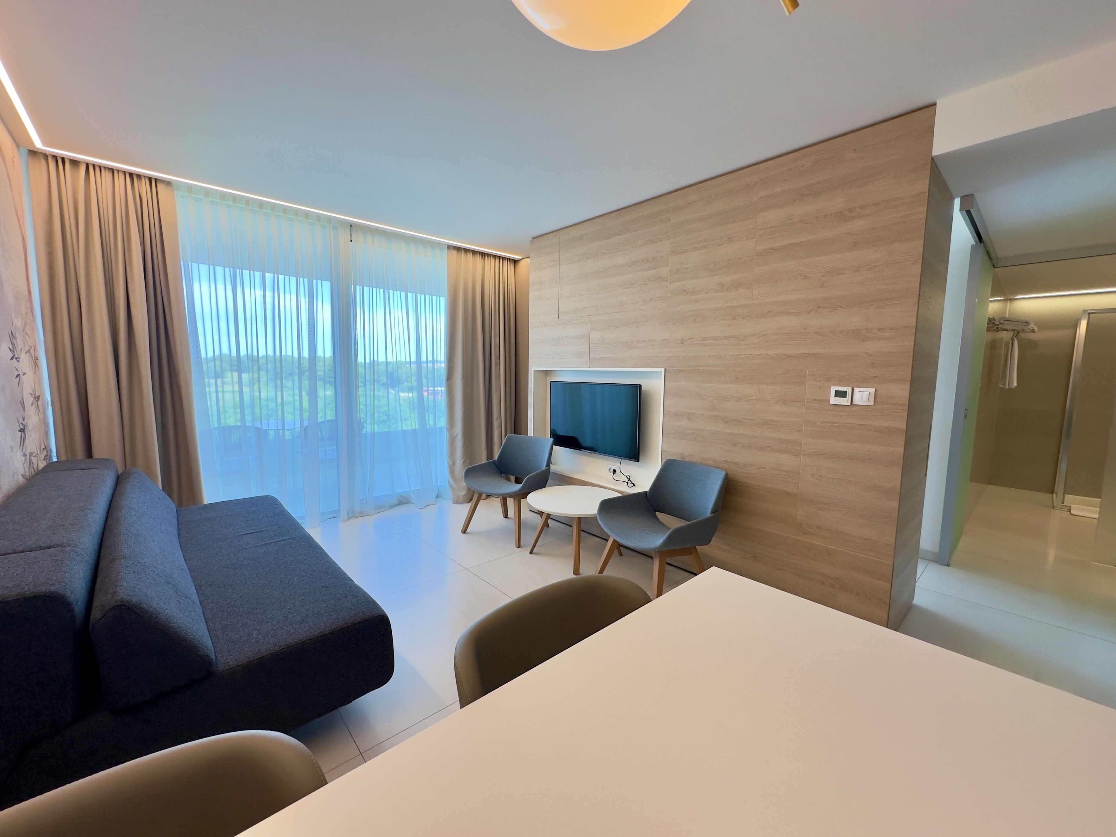 A modern hotel room with a sofa, two armchairs, a small table, a TV, and a shower area.