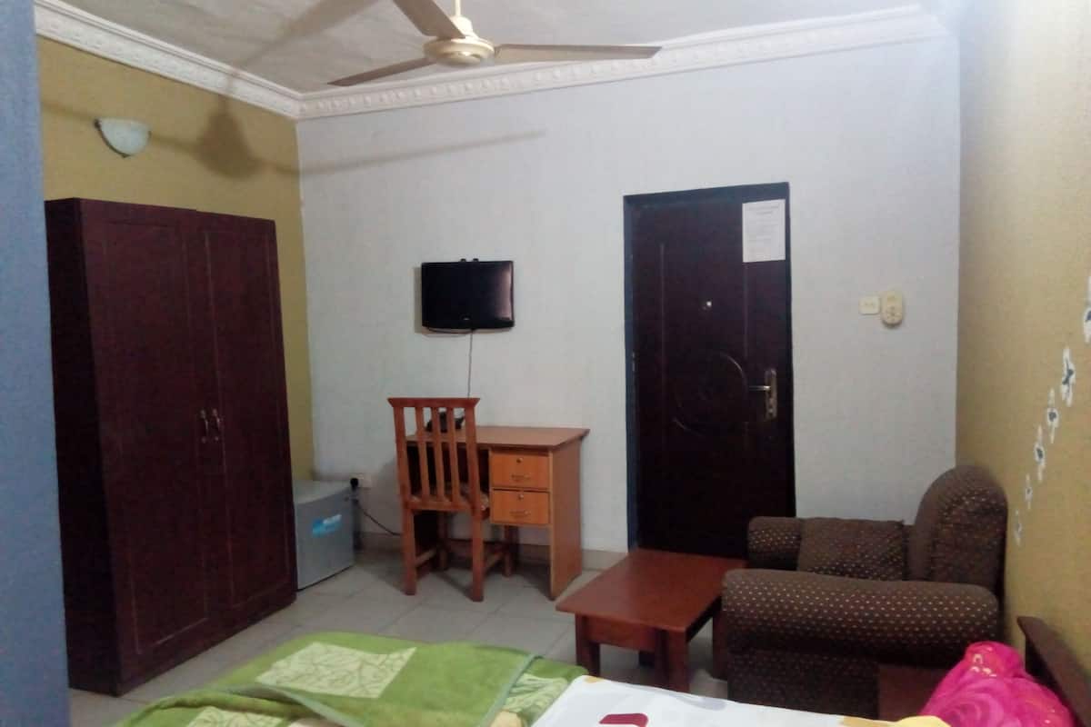 A room with a bed, a desk, a chair, a wardrobe, and a television.