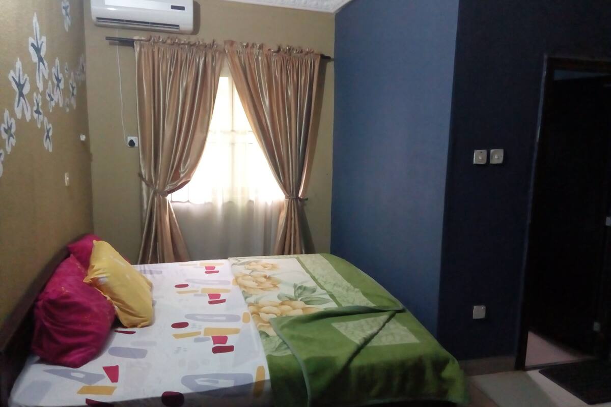 A bedroom with a bed, curtains, an air conditioning unit, and a door.