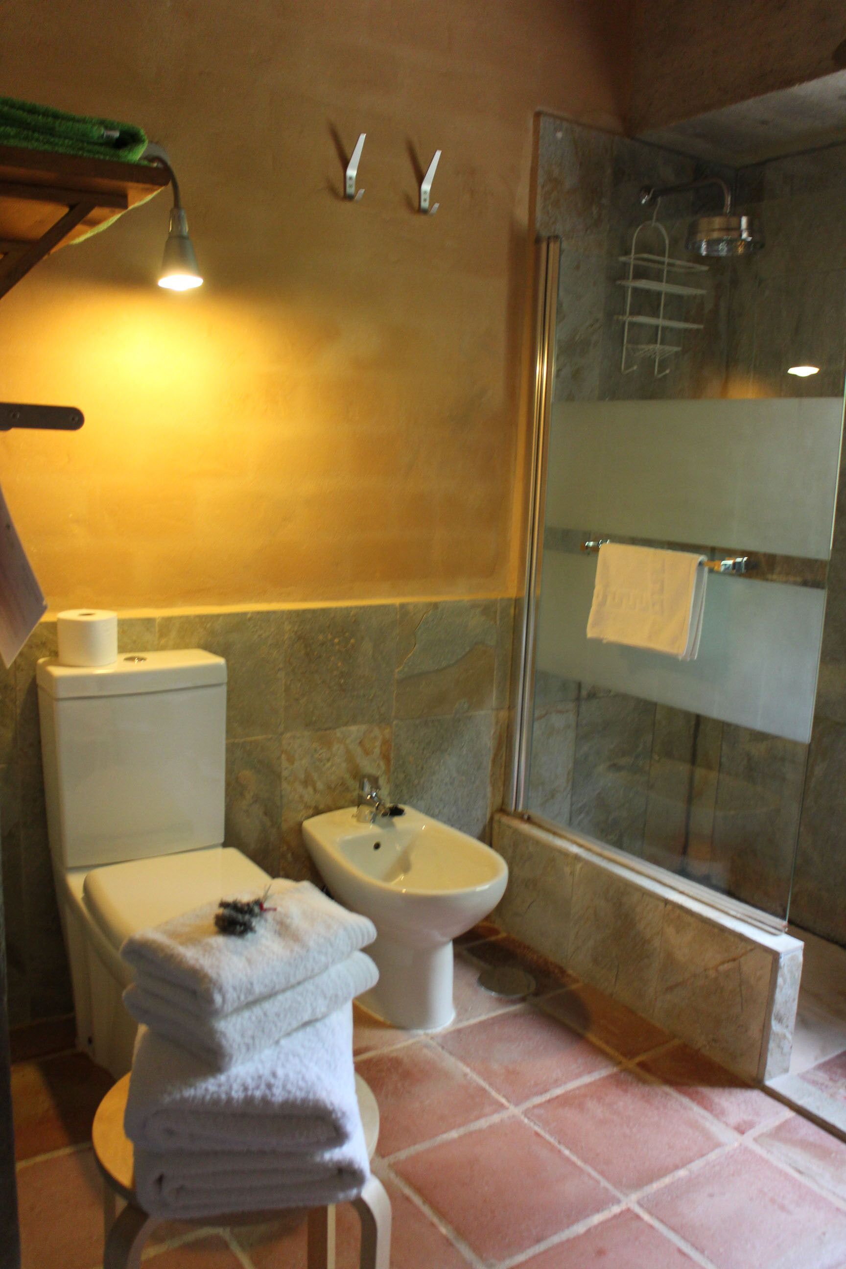 Een badkamer met toilet, bidet en douchecabine met glazen wanden.