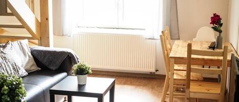 A cozy living room with a sofa, a coffee table, a dining table with chairs, and a radiator.