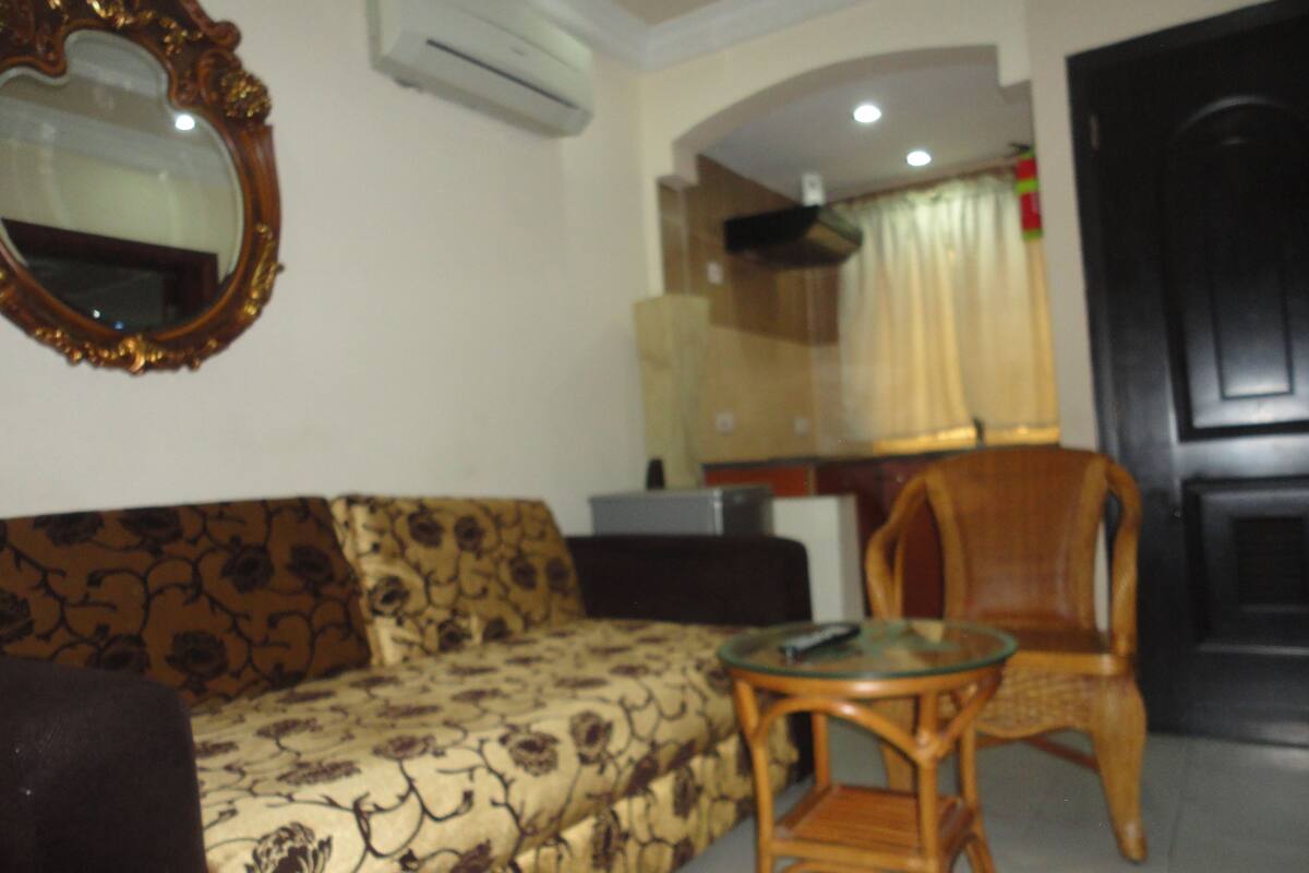 A living room with a patterned sofa, a round wooden table, a chair, a mirror, and an air conditioning unit.