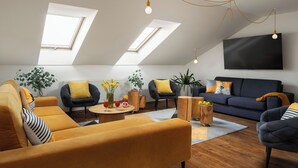 Leilighet – design, 2 soverom, byutsikt | Oppholdsområde | Flatskjerm-TV