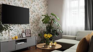Ein modernes Wohnzimmer mit Flachbildfernseher, einer Couch, einem Couchtisch mit Getränken und einer Pflanze.