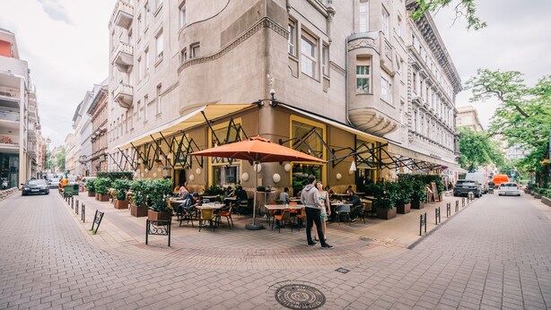 Un café al aire libre con mesas y sillas, rodeado de plantas en macetas y un paraguas grande.