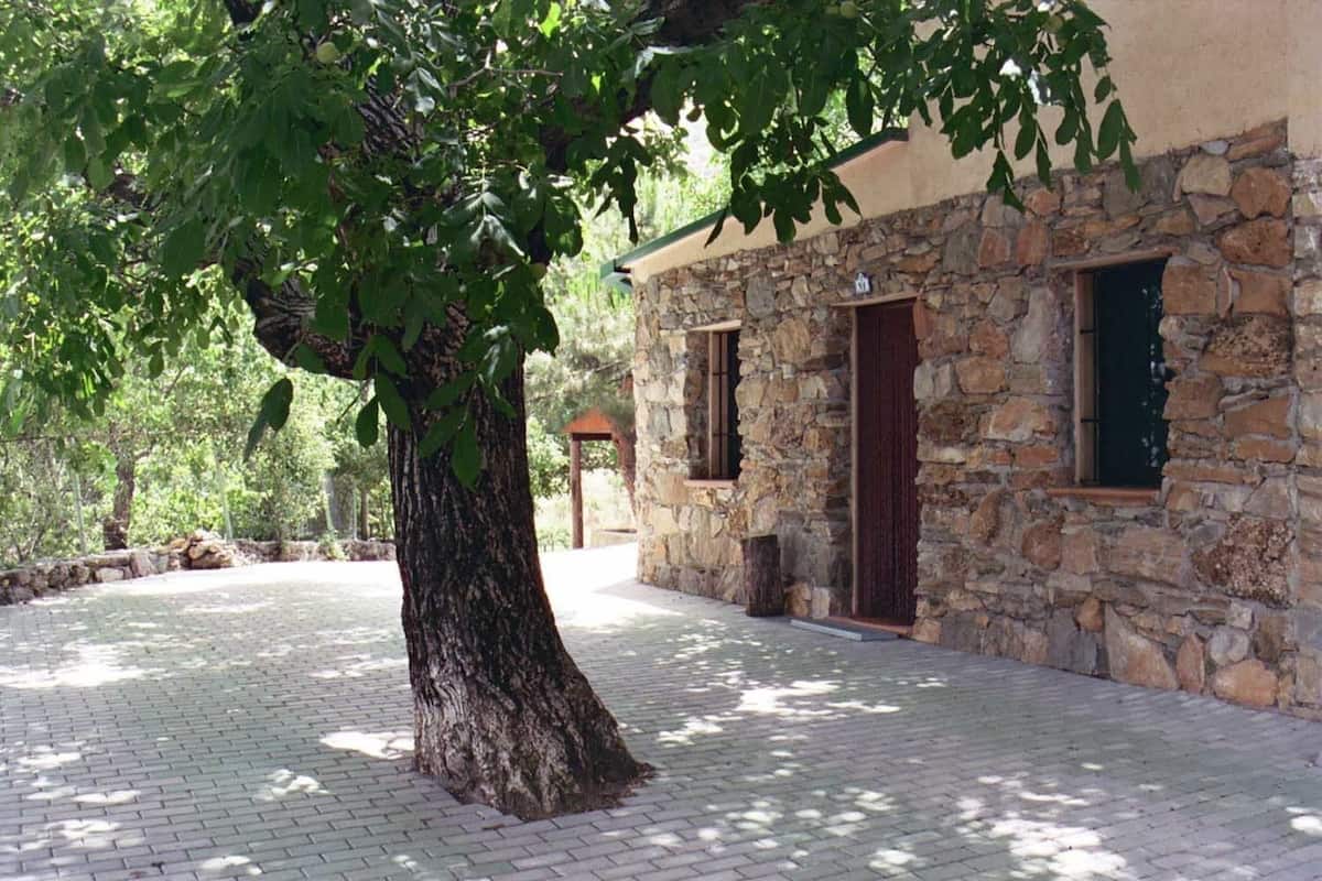 Un bâtiment en pierre avec un grand arbre devant, un chemin piétonnier et une petite construction à l’arrière-plan.