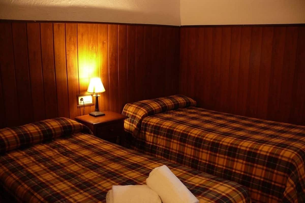 Une chambre avec deux lits, chacun agrémenté d’une couette à carreaux, une table de chevet avec une lampe et un luminaire fixé au mur.
