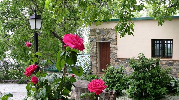 A stone building with a wooden door, surrounded by lush greenery and a prominent red rose bush. - Casas Rurales Telecabina Las Catifas (Guejar Sierra)