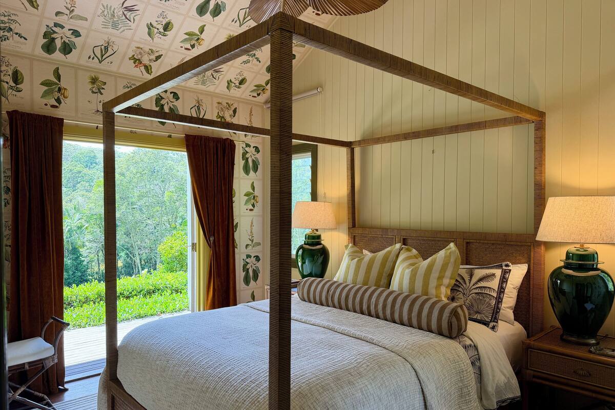 Ein Bett mit Baldachin, ein Nachttisch mit Lampe und Blick auf Grün hinter dem Fenster.