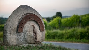 A stone monument with the inscription "ALESSANDRO VEGLIO" and a metal gate. - Risveglio in Langa (La Morra)