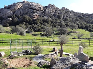 Un paisaje montañoso con una zona cercada que contiene rocas y un árbol.
