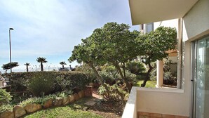 Un jardin résidentiel agrémenté de diverses plantes et offrant une vue dégagée sur l’océan.