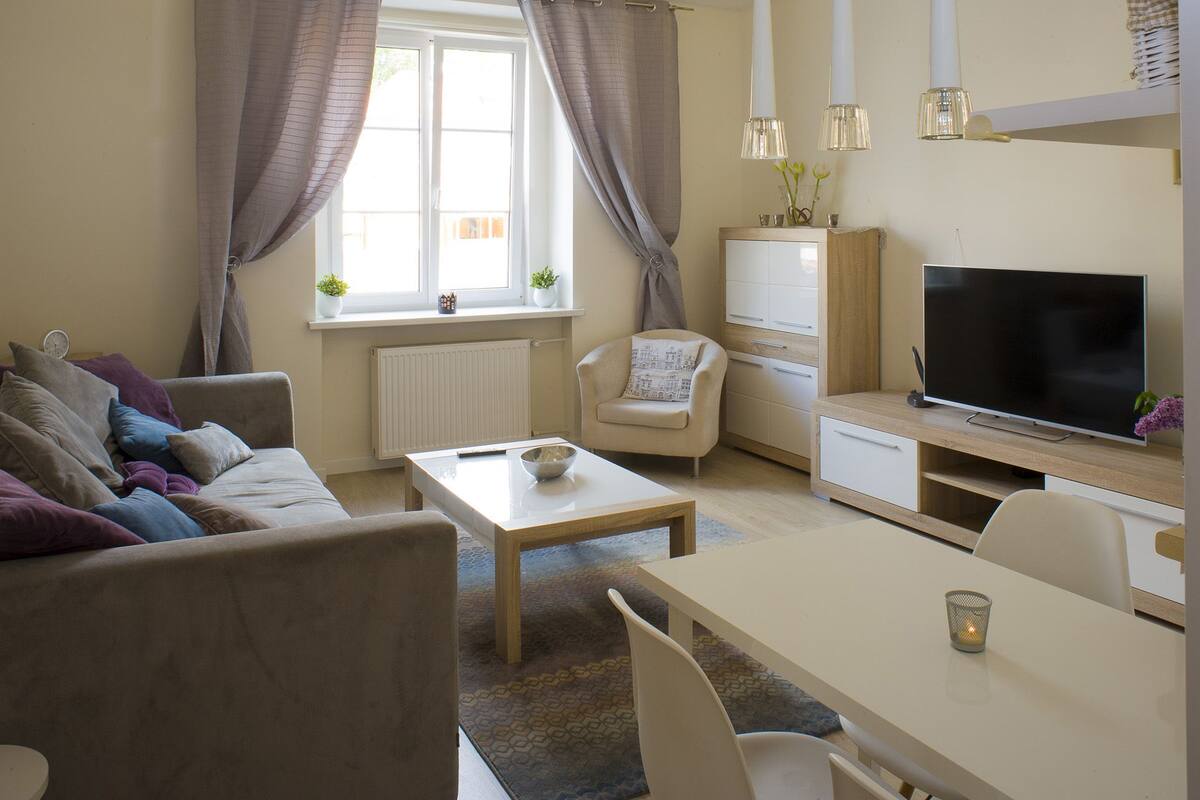 A living room with a sofa, a coffee table, a TV, and a dining area with a table and chairs.