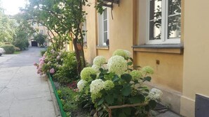 A residential building with a yellow exterior, a visible window, and a green garden with hydrangeas. - Rais Serviced Apartments (Warsaw)