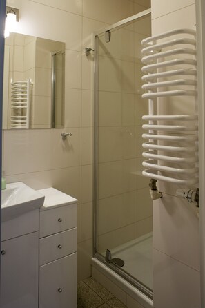 Shower, hair dryer, towels, shampoo