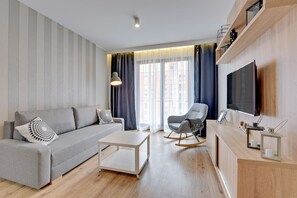 Deluxe Apartment, Balcony, River View (with parking - 103) | Living area - Apartinfo Aura Island Apartments (Gdansk)