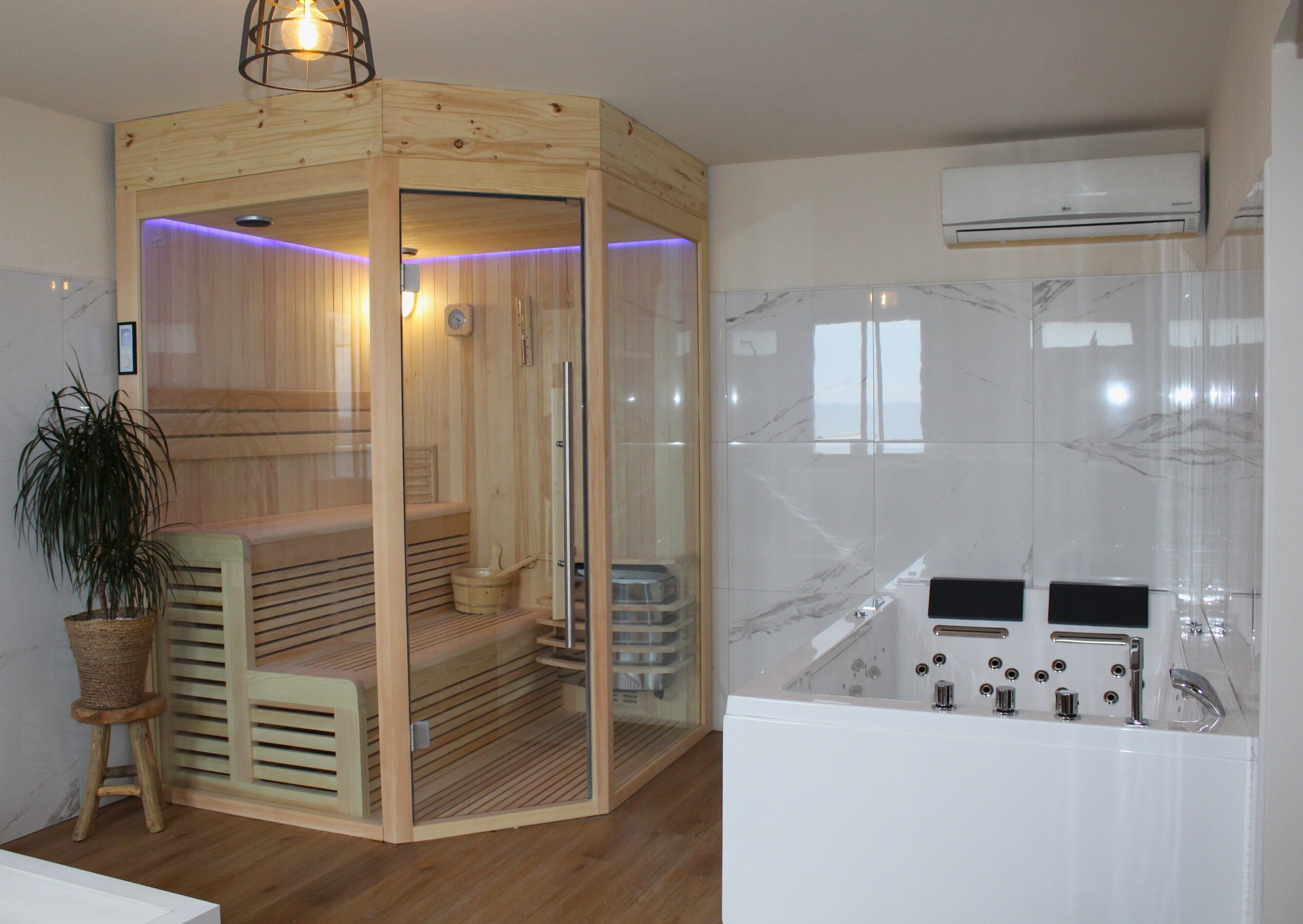 sauna, hot tub, facials, manicures and pedicures, massages