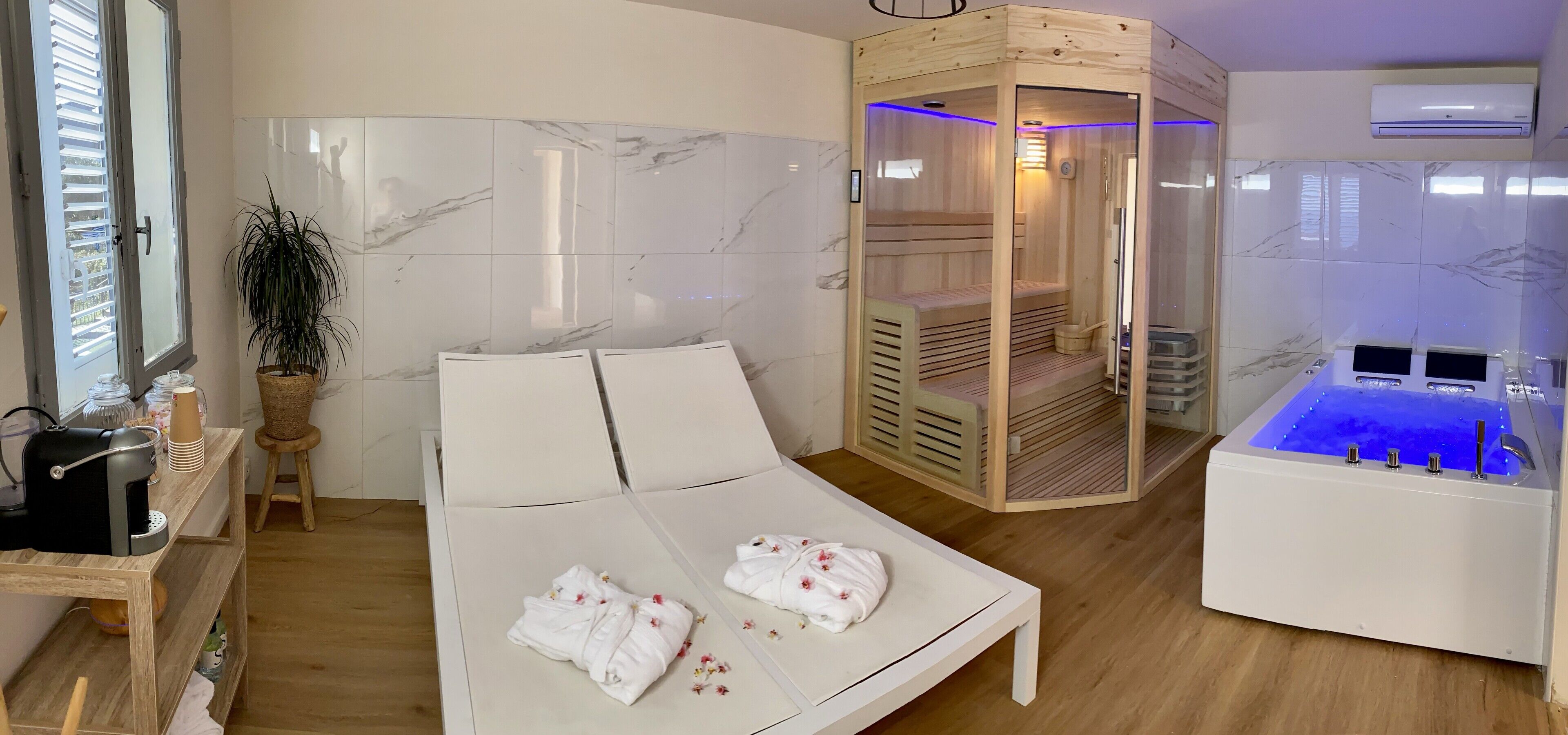 sauna, hot tub, facials, manicures and pedicures, massages