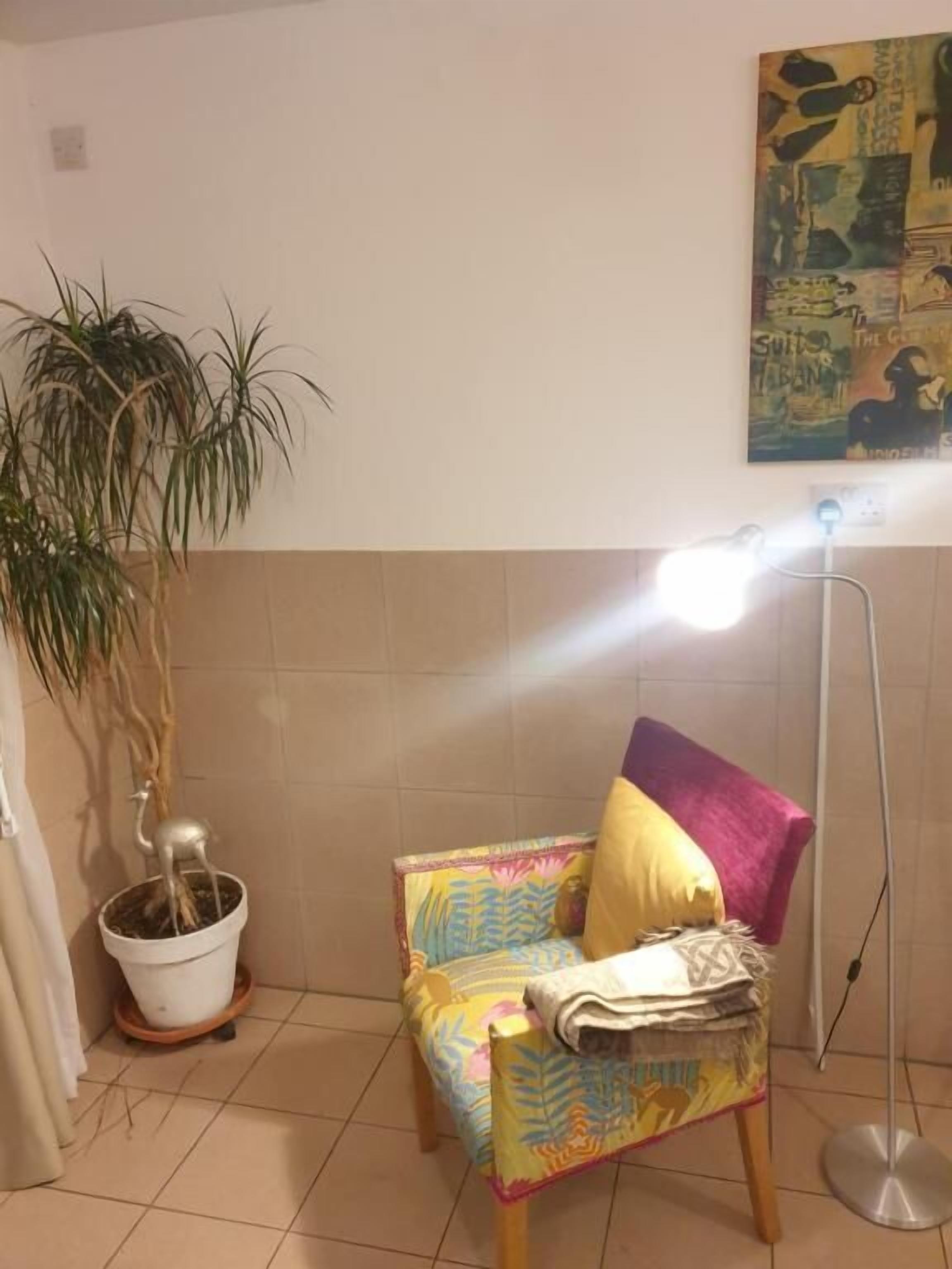 Una habitación pequeña con una silla, una planta en maceta, una lámpara de pie y un cartel en la pared.