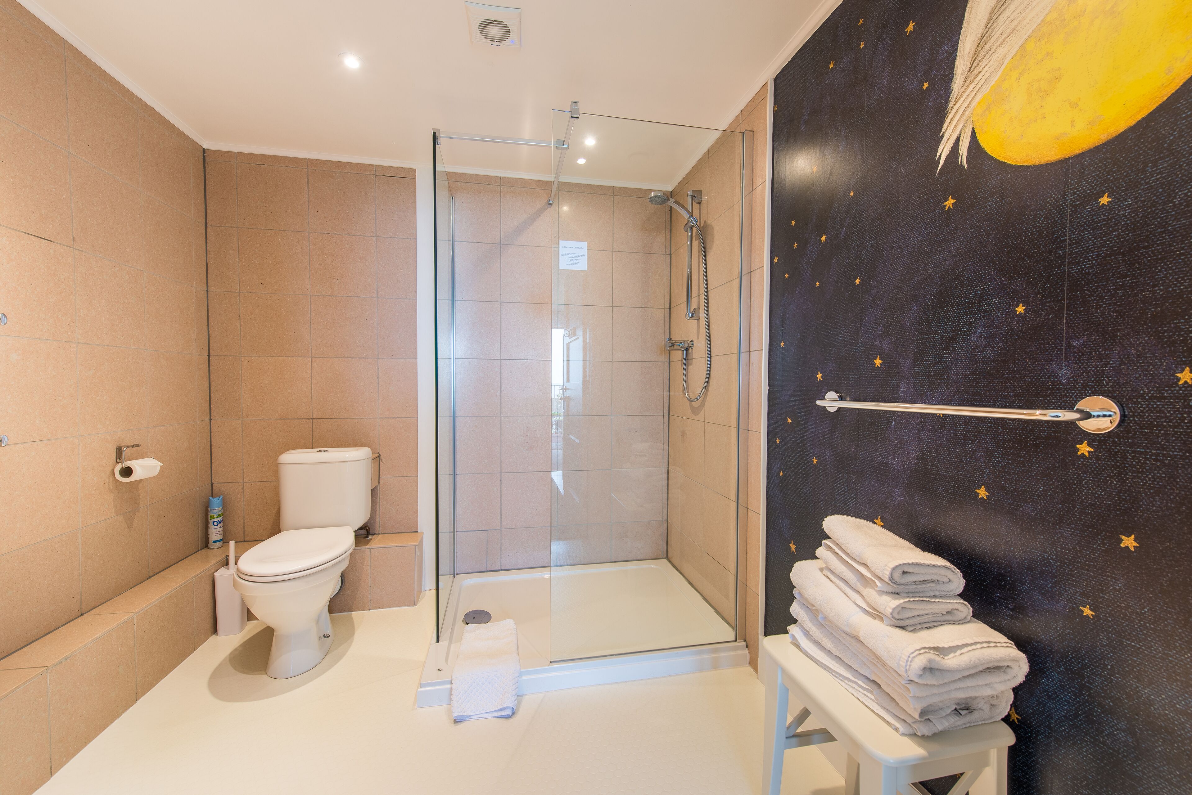 Une salle de bain moderne avec une douche à parois de verre, des toilettes et un lavabo.
