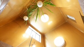 A room with a high ceiling, a skylight, and a hanging plant. - Live in Athens, Thiseio Historic House (Athens)