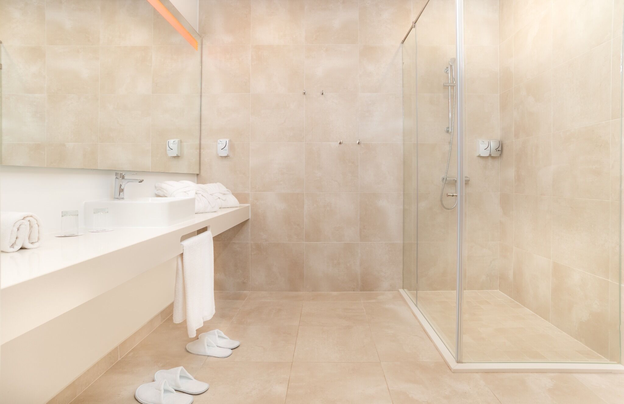 A modern bathroom with a shower, a sink, and a mirror.