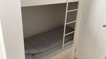 A bunk bed with a ladder, a wooden floor, and a white door.