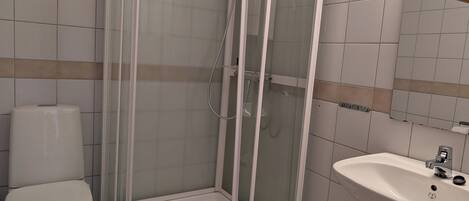 A bathroom with a glass-enclosed shower, a toilet, and a sink.