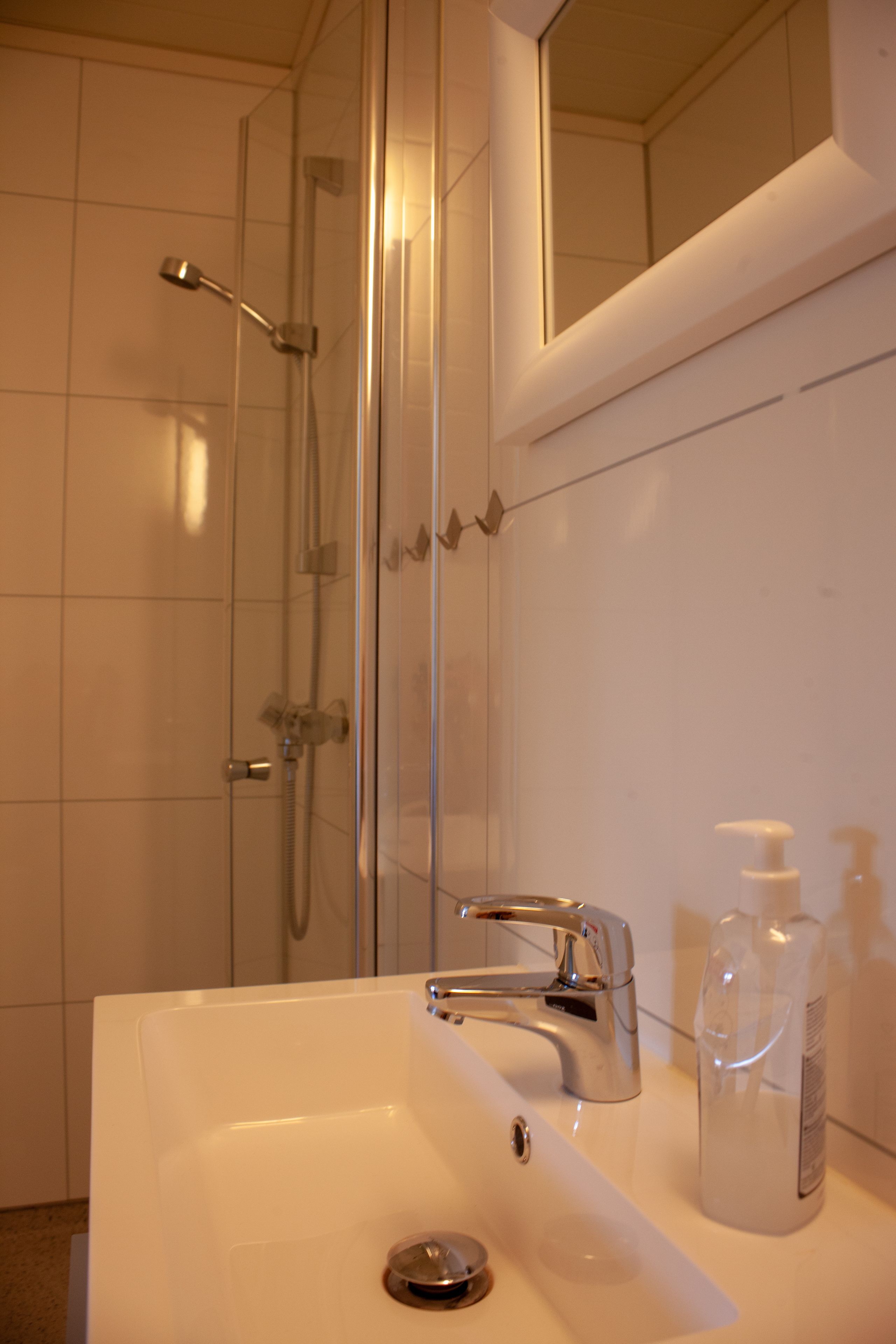 A bathroom with a white sink, a mirror, and a shower.