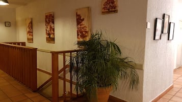 Un pasillo con barandilla de madera, una planta en maceta y varias obras de arte enmarcadas en la pared.