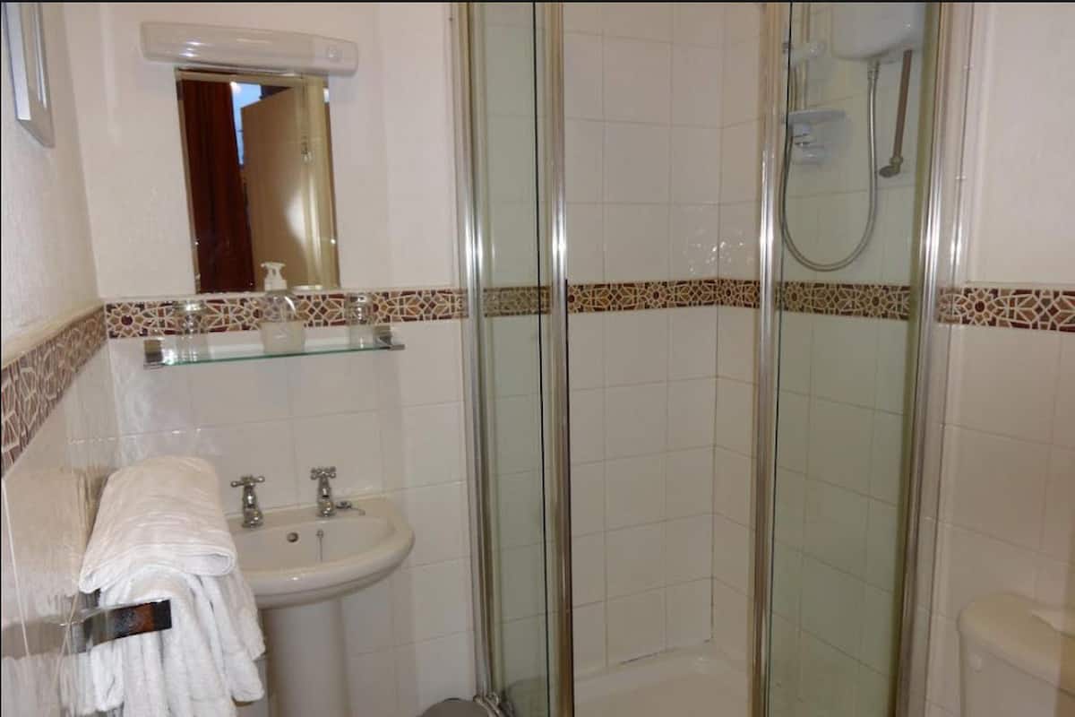A bathroom with a glass-enclosed shower, a sink, and a mirror above it.