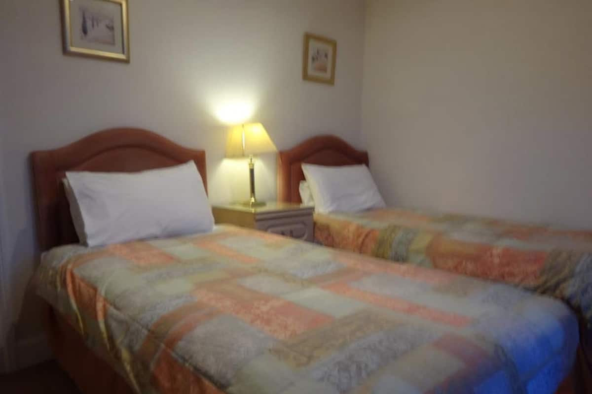 A room with two beds, each with a white pillow and a colorful quilt. There is a nightstand with a lamp between the beds.