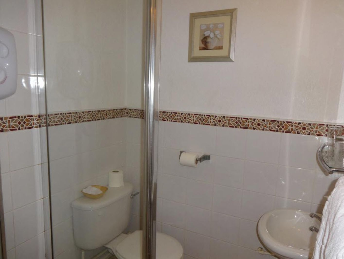 Un bagno con un WC, una doccia e un lavandino.