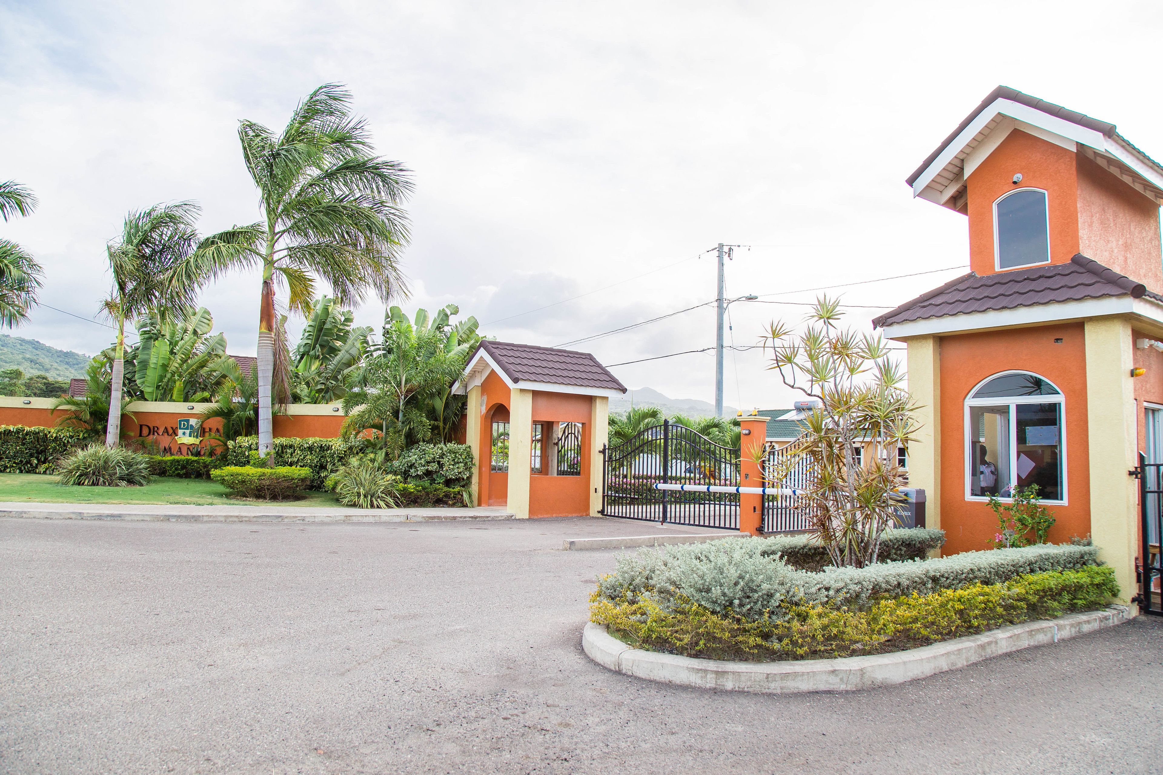 A residential area with two houses, a paved road, and a landscaped garden.